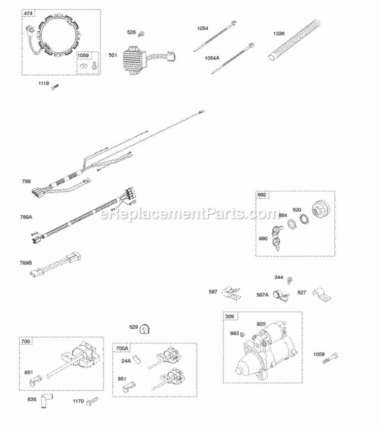 Alternator Electric Starter Ignition Coils Wires Diagram and Parts List for 611475-0119-E1  Briggs and Stratton Engine